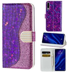 Glitter Diamond Buckle Laser Stitching Leather Wallet Phone Case for Huawei P30 - Purple