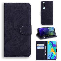 Intricate Embossing Tiger Face Leather Wallet Case for Huawei P30 - Black