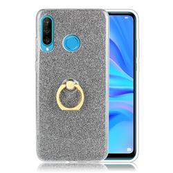 Luxury Soft TPU Glitter Back Ring Cover with 360 Rotate Finger Holder Buckle for Huawei P30 Lite - Black