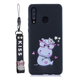 Black Flower Hippo Soft Kiss Candy Hand Strap Silicone Case for Huawei P30 Lite