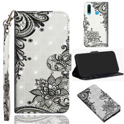 Black Lace Flower 3D Painted Leather Wallet Case for Huawei P30 Lite
