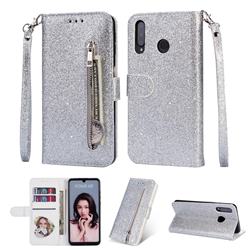 Glitter Shine Leather Zipper Wallet Phone Case for Huawei P30 Lite - Silver