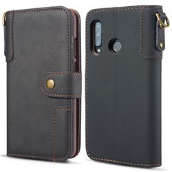 Retro Luxury Cowhide Leather Wallet Case for Huawei P30 Lite - Black