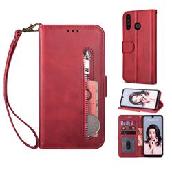 Retro Calfskin Zipper Leather Wallet Case Cover for Huawei P30 Lite - Red
