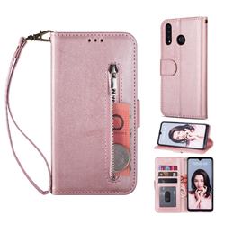 Retro Calfskin Zipper Leather Wallet Case Cover for Huawei P30 Lite - Rose Gold