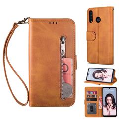 Retro Calfskin Zipper Leather Wallet Case Cover for Huawei P30 Lite - Brown