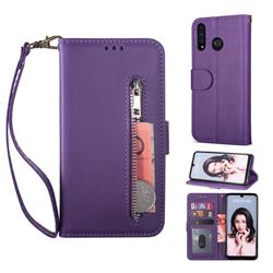 Retro Calfskin Zipper Leather Wallet Case Cover for Huawei P30 Lite - Purple