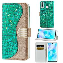 Glitter Diamond Buckle Laser Stitching Leather Wallet Phone Case for Huawei P30 Lite - Green