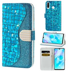 Glitter Diamond Buckle Laser Stitching Leather Wallet Phone Case for Huawei P30 Lite - Blue