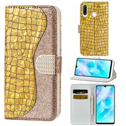 Glitter Diamond Buckle Laser Stitching Leather Wallet Phone Case for Huawei P30 Lite - Gold