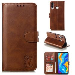 Embossing Happy Cat Leather Wallet Case for Huawei P30 Lite - Brown