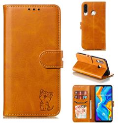 Embossing Happy Cat Leather Wallet Case for Huawei P30 Lite - Yellow