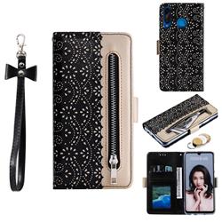 Luxury Lace Zipper Stitching Leather Phone Wallet Case for Huawei P30 Lite - Black
