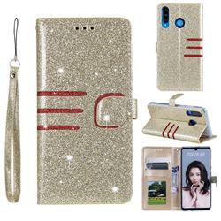 Retro Stitching Glitter Leather Wallet Phone Case for Huawei P30 Lite - Golden
