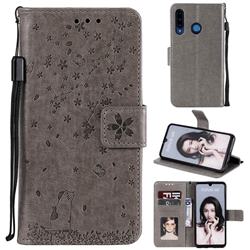 Embossing Cherry Blossom Cat Leather Wallet Case for Huawei P30 Lite - Gray