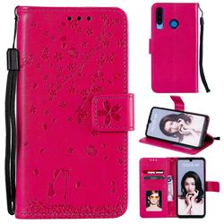 Embossing Cherry Blossom Cat Leather Wallet Case for Huawei P30 Lite - Rose