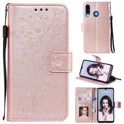 Embossing Cherry Blossom Cat Leather Wallet Case for Huawei P30 Lite - Rose Gold