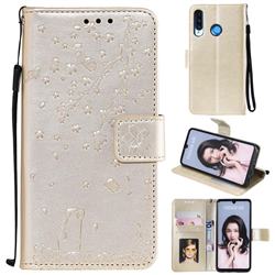 Embossing Cherry Blossom Cat Leather Wallet Case for Huawei P30 Lite - Golden