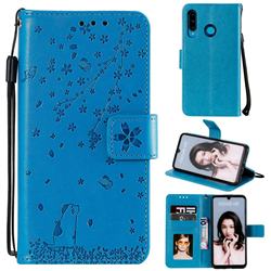 Embossing Cherry Blossom Cat Leather Wallet Case for Huawei P30 Lite - Blue