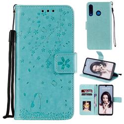 Embossing Cherry Blossom Cat Leather Wallet Case for Huawei P30 Lite - Green