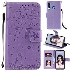 Embossing Cherry Blossom Cat Leather Wallet Case for Huawei P30 Lite - Purple