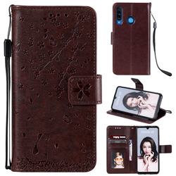 Embossing Cherry Blossom Cat Leather Wallet Case for Huawei P30 Lite - Brown