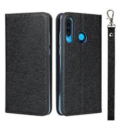 Ultra Slim Magnetic Automatic Suction Silk Lanyard Leather Flip Cover for Huawei P30 Lite - Black