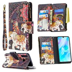 Totem Flower Elephant Binfen Color BF03 Retro Zipper Leather Wallet Phone Case for Huawei P30 Lite