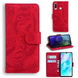 Intricate Embossing Tiger Face Leather Wallet Case for Huawei P30 Lite - Red