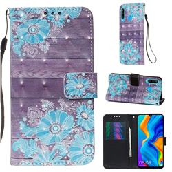 Blue Flower 3D Painted Leather Wallet Case for Huawei P30 Lite