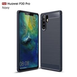Luxury Carbon Fiber Brushed Wire Drawing Silicone TPU Back Cover for Huawei P30 Pro - Navy