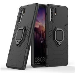 Black Panther Armor Metal Ring Grip Shockproof Dual Layer Rugged Hard Cover for Huawei P30 Pro - Black