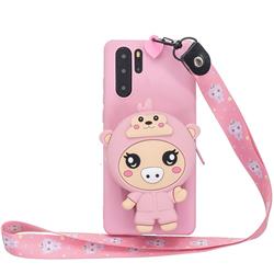 Pink Pig Neck Lanyard Zipper Wallet Silicone Case for Huawei P30 Pro