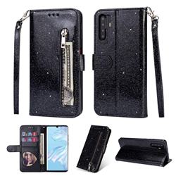 Glitter Shine Leather Zipper Wallet Phone Case for Huawei P30 Pro - Black
