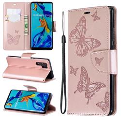 Embossing Double Butterfly Leather Wallet Case for Huawei P30 Pro - Rose Gold