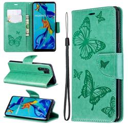 Embossing Double Butterfly Leather Wallet Case for Huawei P30 Pro - Green
