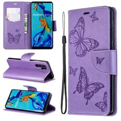 Embossing Double Butterfly Leather Wallet Case for Huawei P30 Pro - Purple