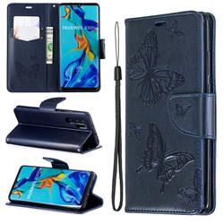 Embossing Double Butterfly Leather Wallet Case for Huawei P30 Pro - Dark Blue