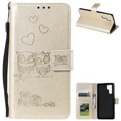 Embossing Owl Couple Flower Leather Wallet Case for Huawei P30 Pro - Golden