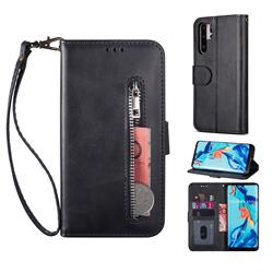 Retro Calfskin Zipper Leather Wallet Case Cover for Huawei P30 Pro - Black