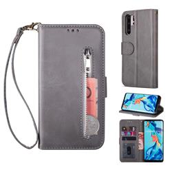 Retro Calfskin Zipper Leather Wallet Case Cover for Huawei P30 Pro - Grey