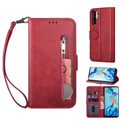 Retro Calfskin Zipper Leather Wallet Case Cover for Huawei P30 Pro - Red
