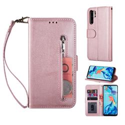 Retro Calfskin Zipper Leather Wallet Case Cover for Huawei P30 Pro - Rose Gold