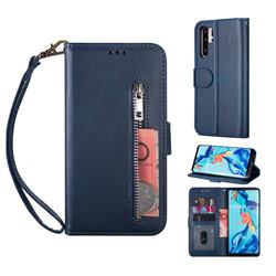 Retro Calfskin Zipper Leather Wallet Case Cover for Huawei P30 Pro - Blue