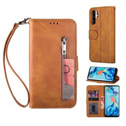 Retro Calfskin Zipper Leather Wallet Case Cover for Huawei P30 Pro - Brown