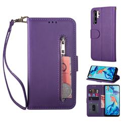 Retro Calfskin Zipper Leather Wallet Case Cover for Huawei P30 Pro - Purple