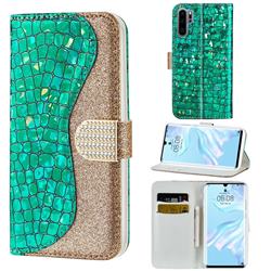 Glitter Diamond Buckle Laser Stitching Leather Wallet Phone Case for Huawei P30 Pro - Green