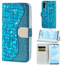Glitter Diamond Buckle Laser Stitching Leather Wallet Phone Case for Huawei P30 Pro - Blue