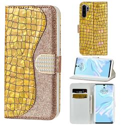 Glitter Diamond Buckle Laser Stitching Leather Wallet Phone Case for Huawei P30 Pro - Gold