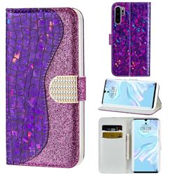 Glitter Diamond Buckle Laser Stitching Leather Wallet Phone Case for Huawei P30 Pro - Purple